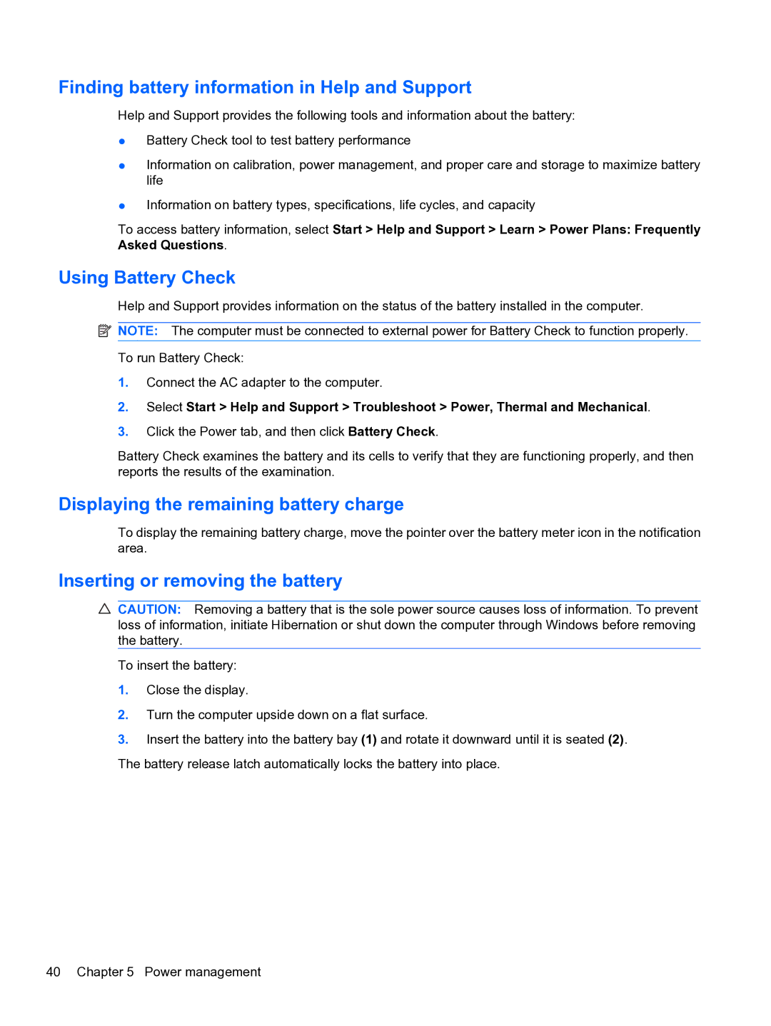 HP WQ861UA Finding battery information in Help and Support, Using Battery Check, Displaying the remaining battery charge 