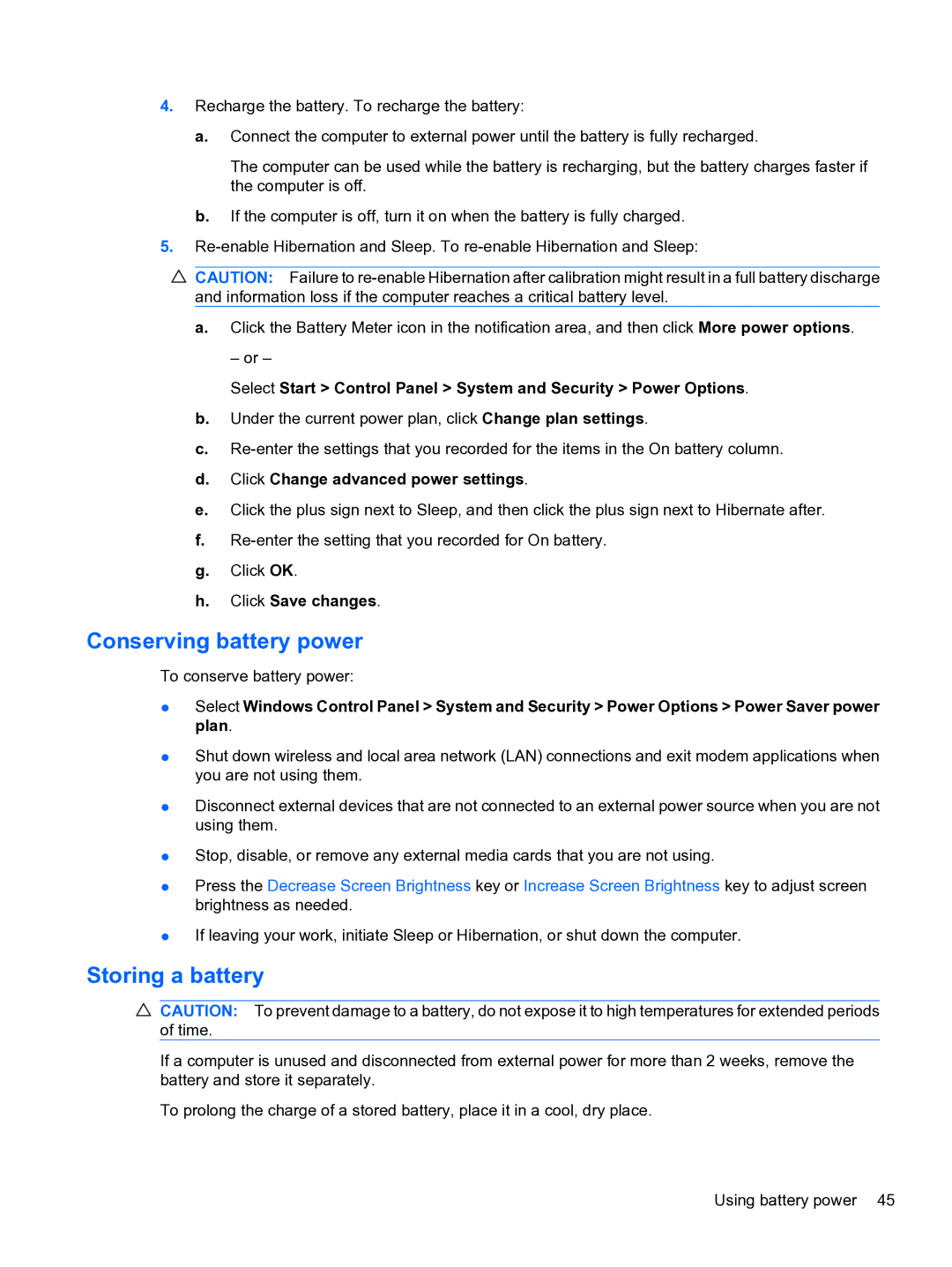 HP dm4 1060us, WQ861UA manual Conserving battery power, Storing a battery 