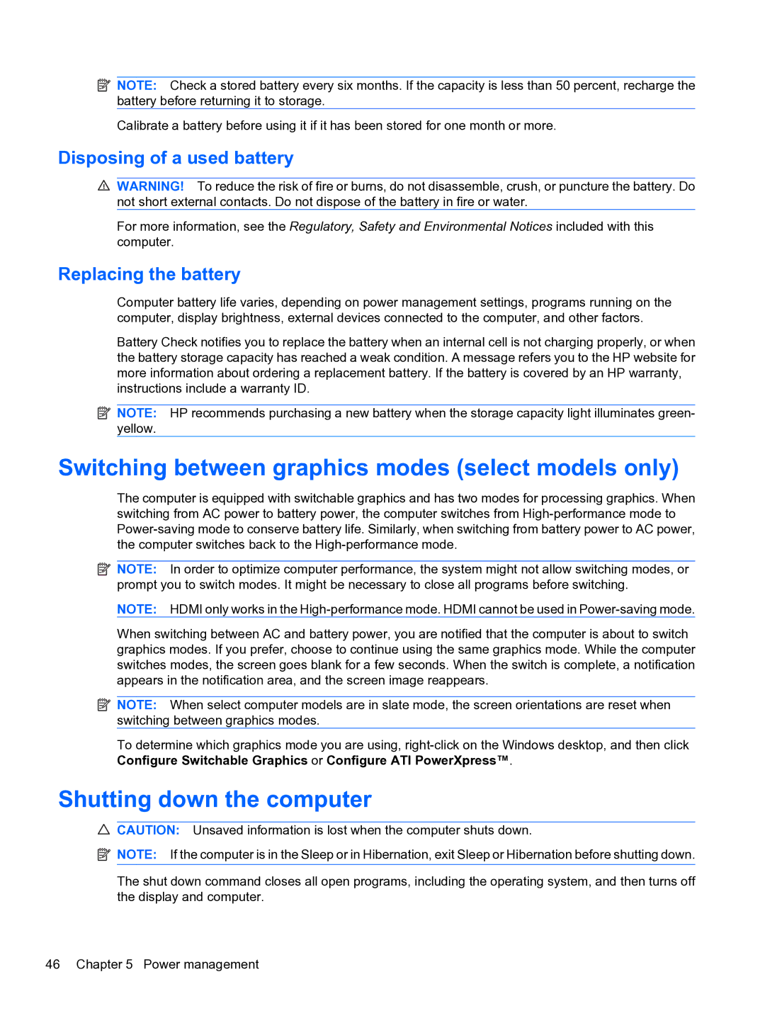 HP WQ861UA Switching between graphics modes select models only, Shutting down the computer, Disposing of a used battery 