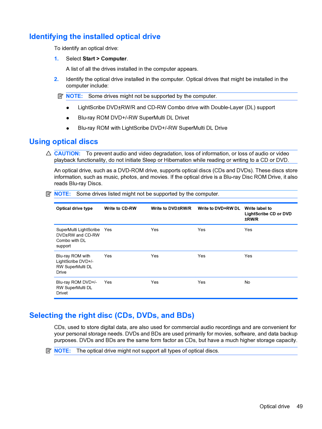 HP dm4 1060us Identifying the installed optical drive, Using optical discs, Selecting the right disc CDs, DVDs, and BDs 