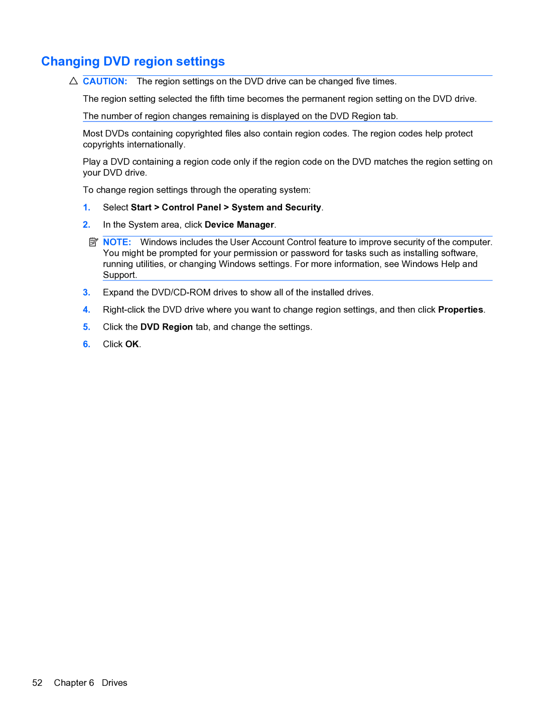 HP WQ861UA, dm4 1060us manual Changing DVD region settings, Select Start Control Panel System and Security 