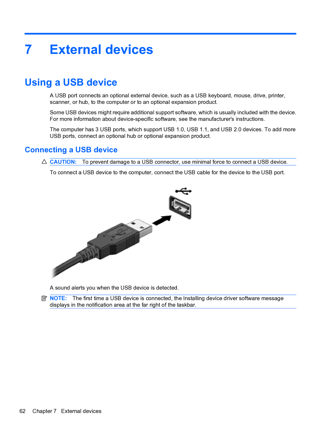 HP WQ861UA, dm4 1060us manual External devices, Using a USB device, Connecting a USB device 