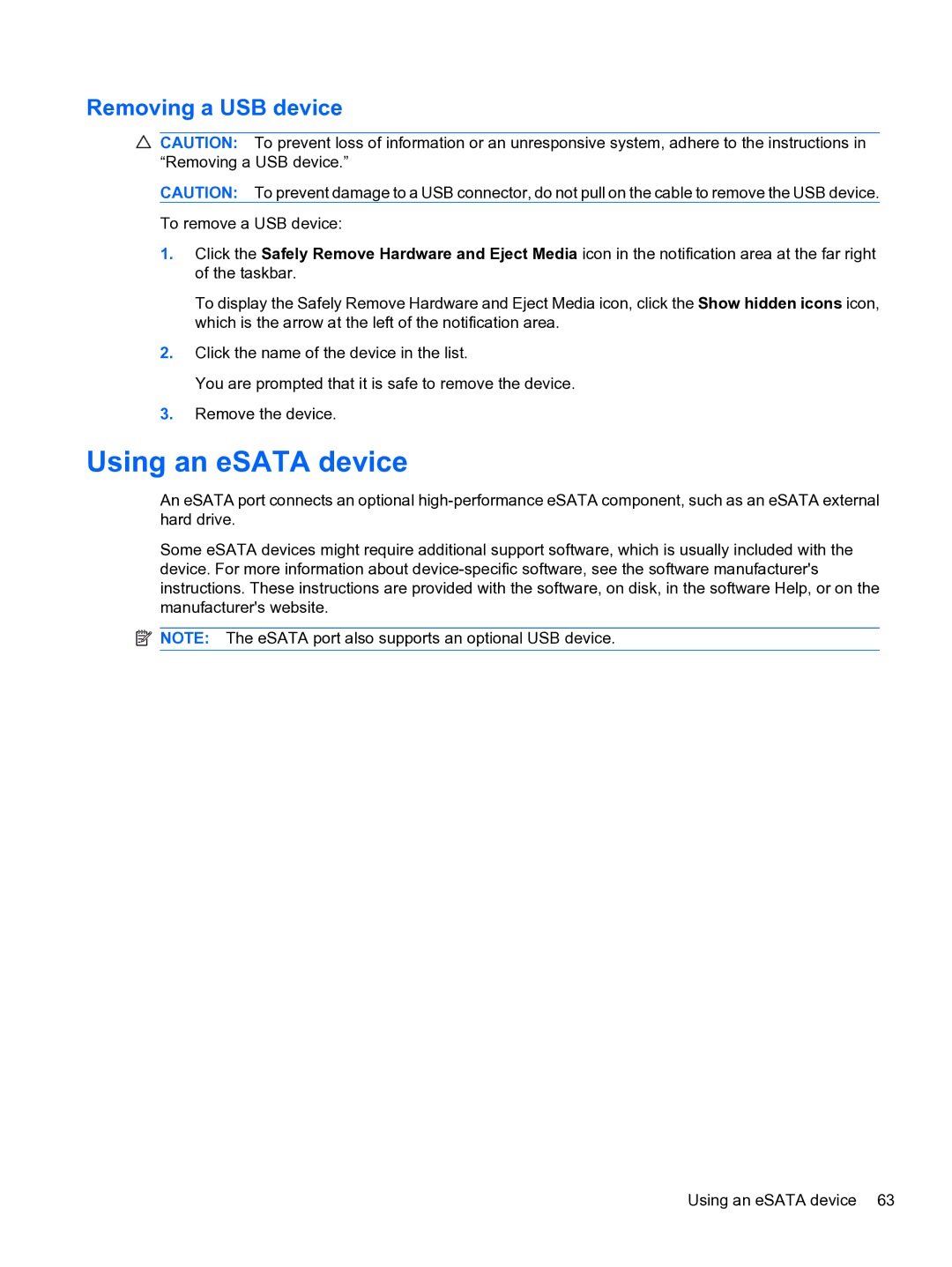 HP dm4 1060us, WQ861UA manual Using an eSATA device, Removing a USB device 