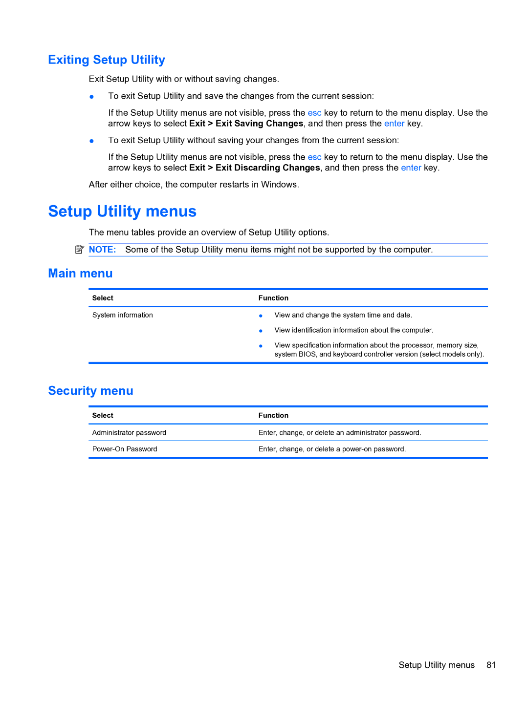 HP dm4 1060us, WQ861UA manual Setup Utility menus, Exiting Setup Utility, Main menu, Security menu 