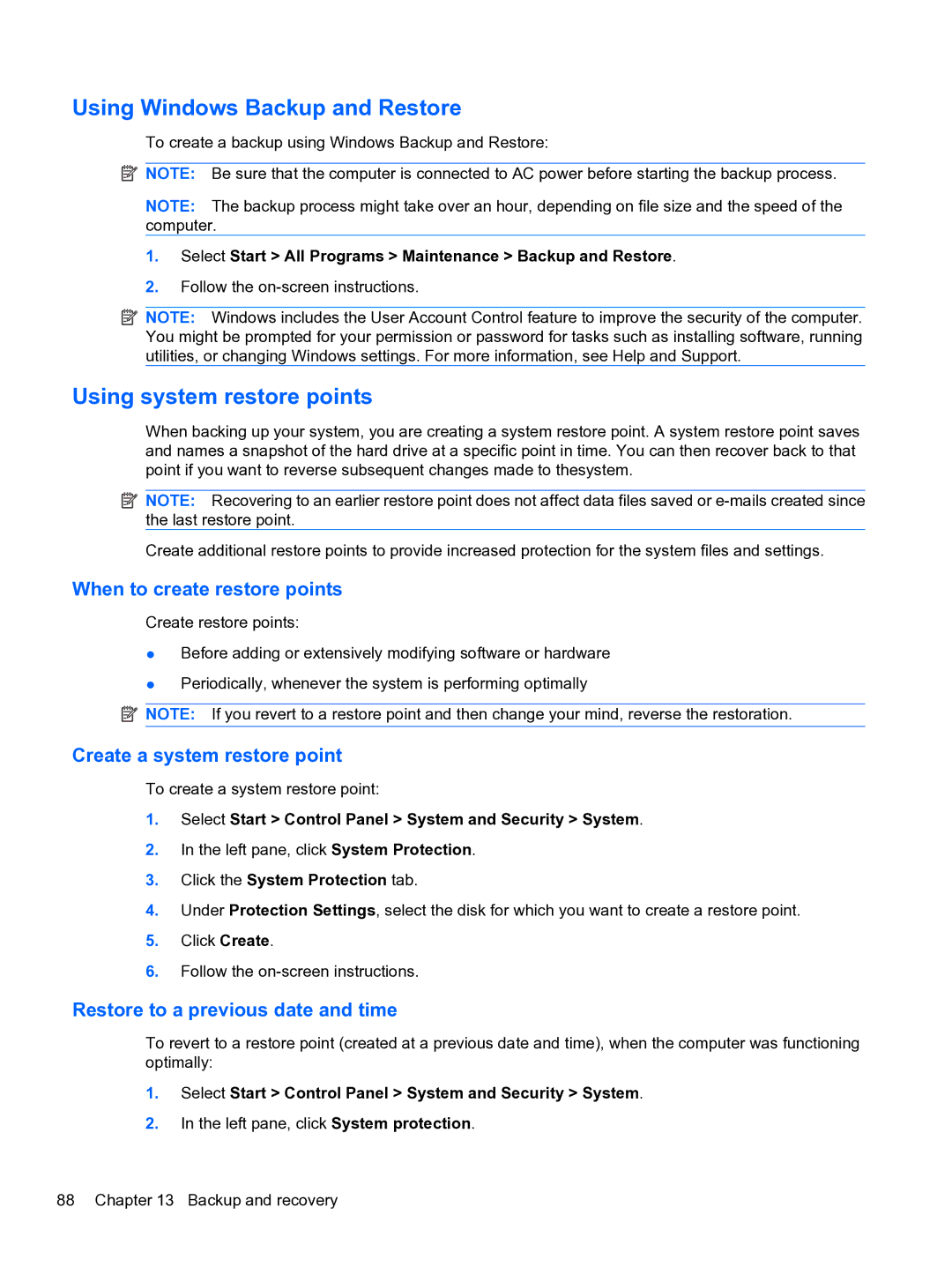 HP WQ861UA, dm4 1060us manual Using Windows Backup and Restore, Using system restore points, When to create restore points 