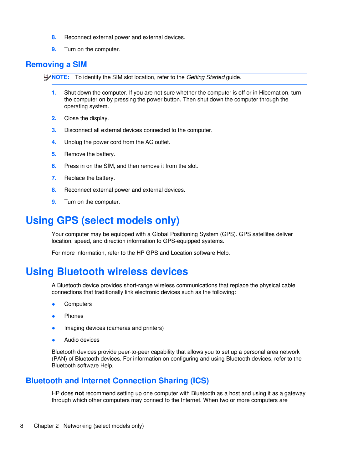 HP LJ527UT, WX557AV, LQ174AW, LQ164AW manual Using GPS select models only, Using Bluetooth wireless devices, Removing a SIM 