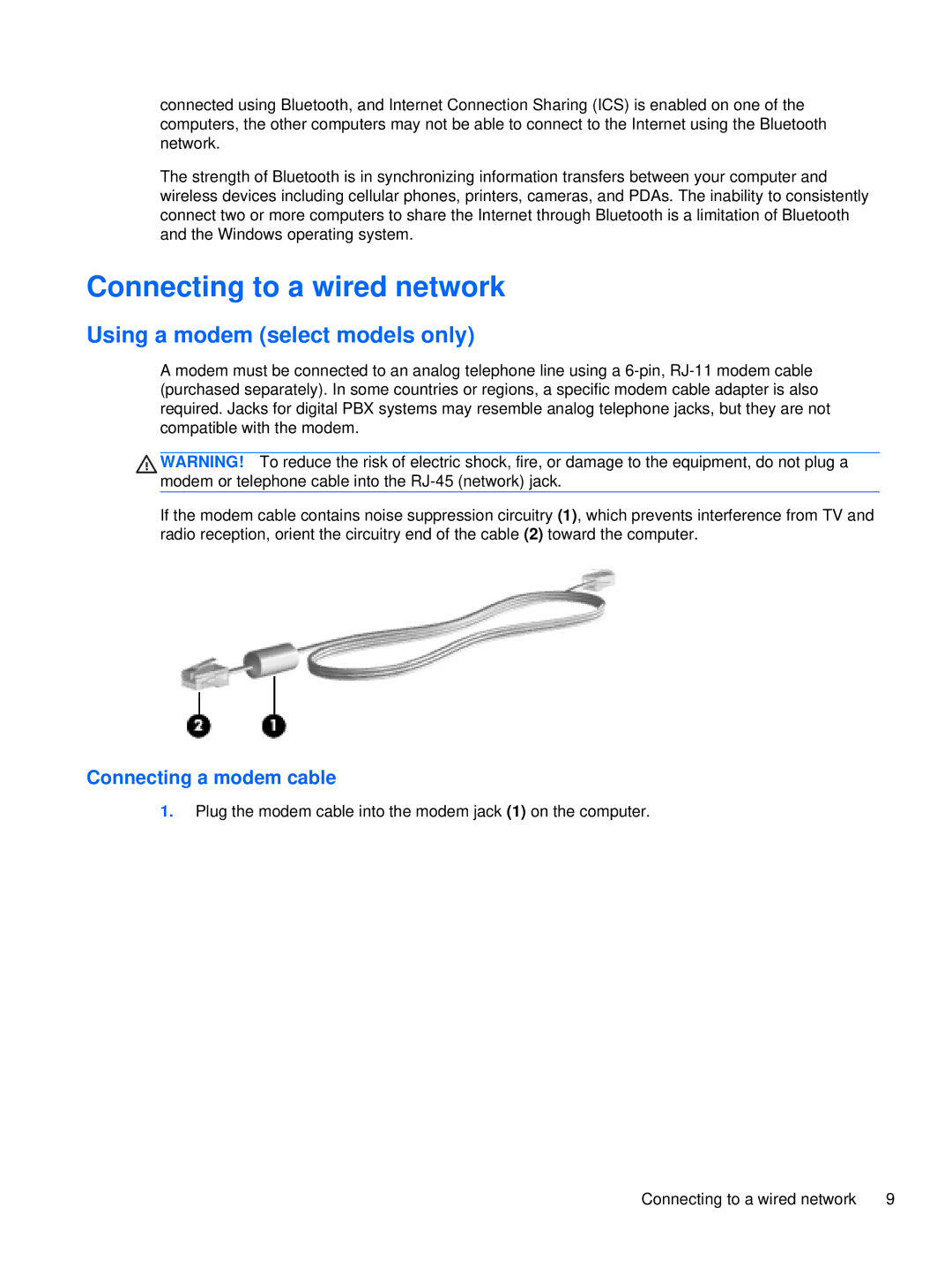 HP LQ164AW, WX557AV, LQ174AW manual Connecting to a wired network, Using a modem select models only, Connecting a modem cable 