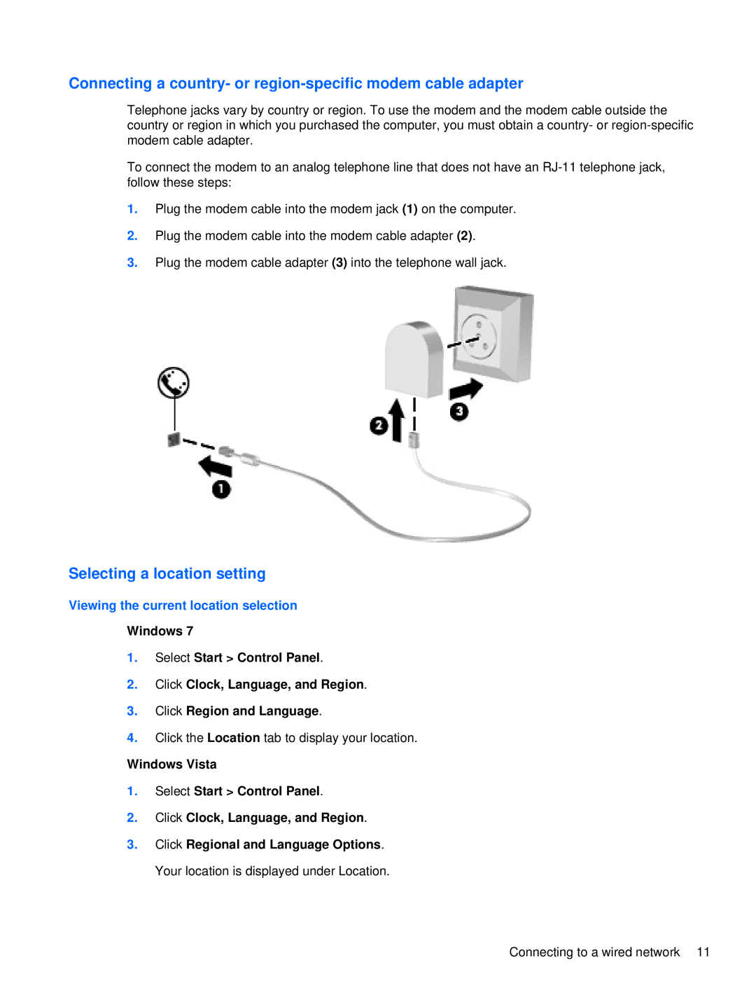 HP LQ174AW, WX557AV, LJ527UT Connecting a country- or region-specific modem cable adapter, Selecting a location setting 