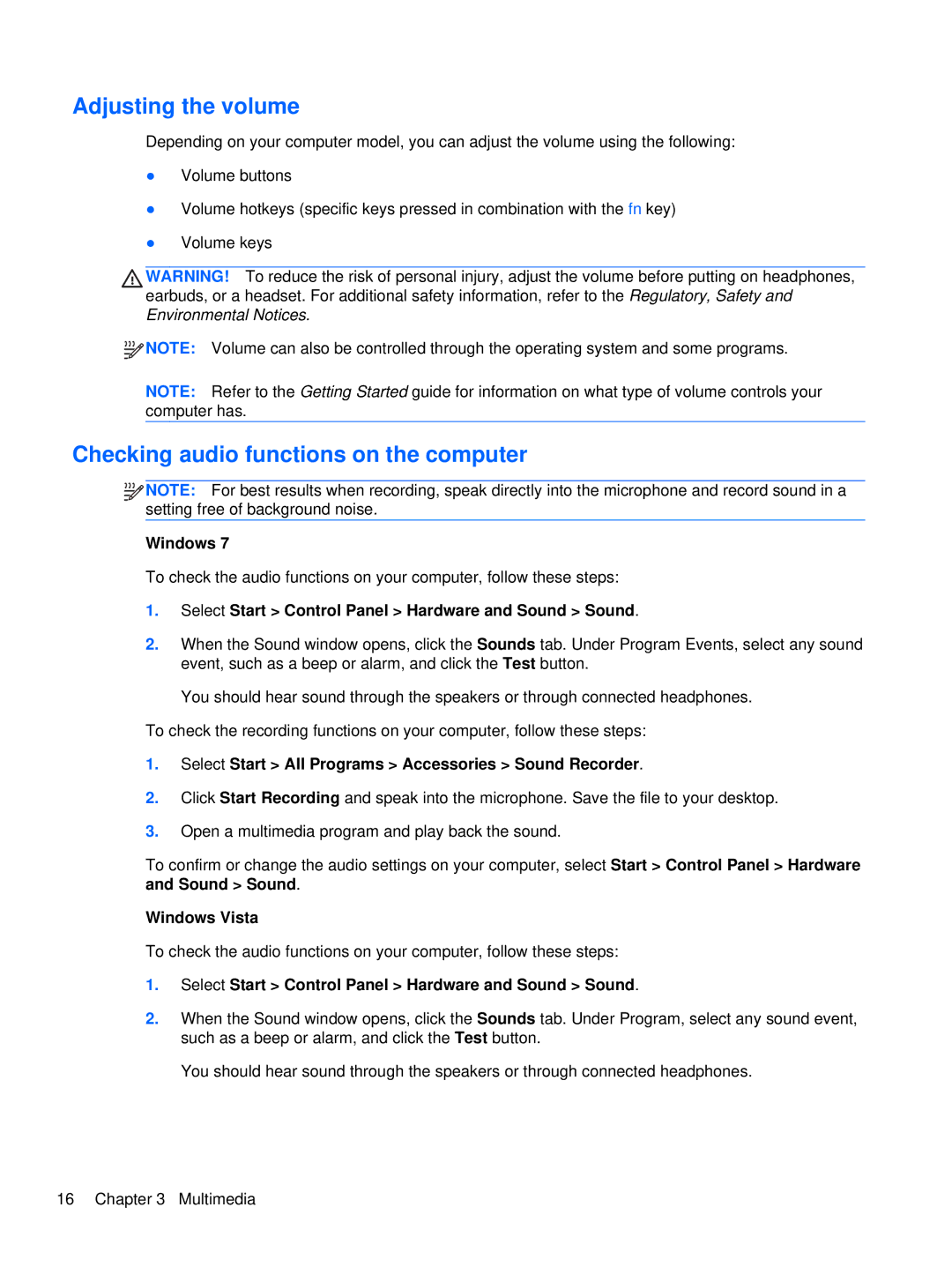 HP LJ527UT, WX557AV, LQ174AW, LQ164AW manual Adjusting the volume, Checking audio functions on the computer 