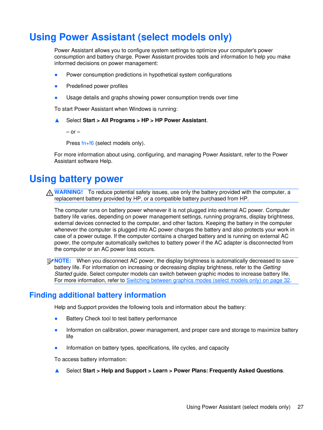 HP LQ174AW, WX557AV Using Power Assistant select models only, Using battery power, Finding additional battery information 