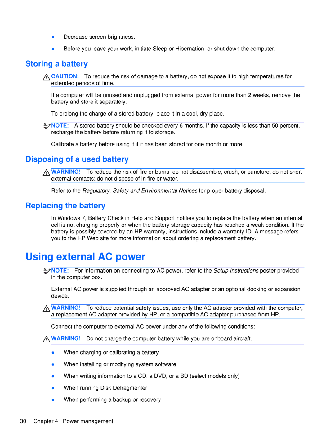 HP WX557AV, LQ174AW, LJ527UT Using external AC power, Storing a battery, Disposing of a used battery, Replacing the battery 