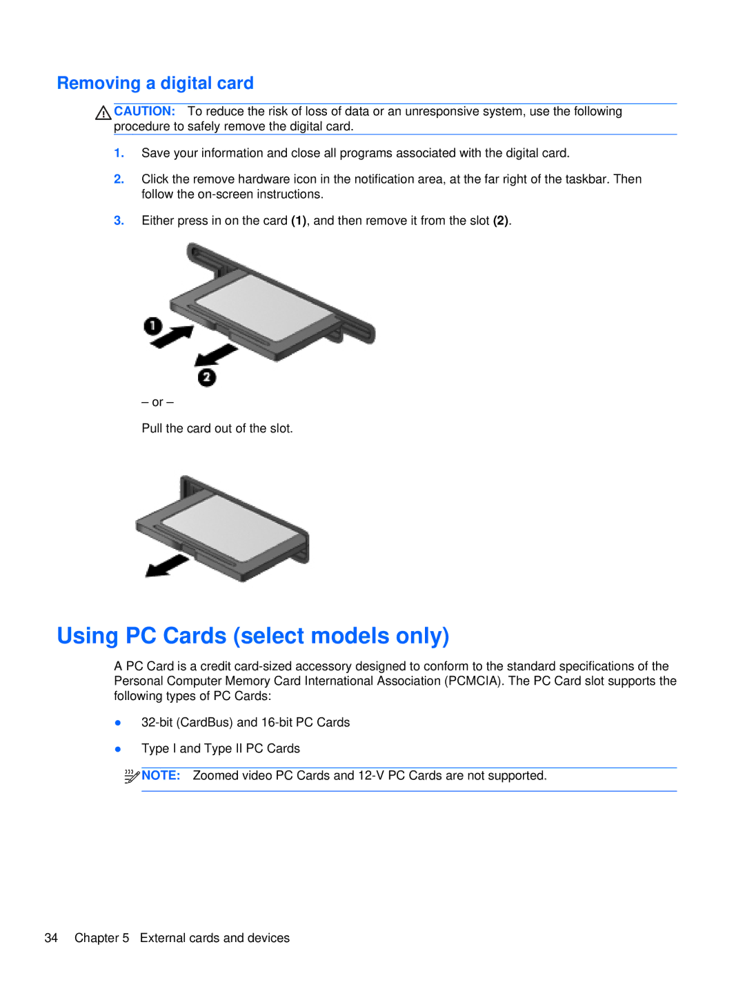 HP WX557AV, LQ174AW, LJ527UT, LQ164AW manual Using PC Cards select models only, Removing a digital card 