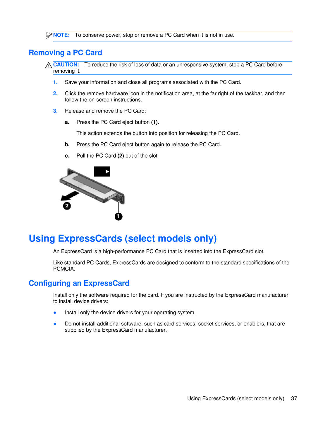 HP LQ164AW, WX557AV, LQ174AW, LJ527UT Using ExpressCards select models only, Removing a PC Card, Configuring an ExpressCard 