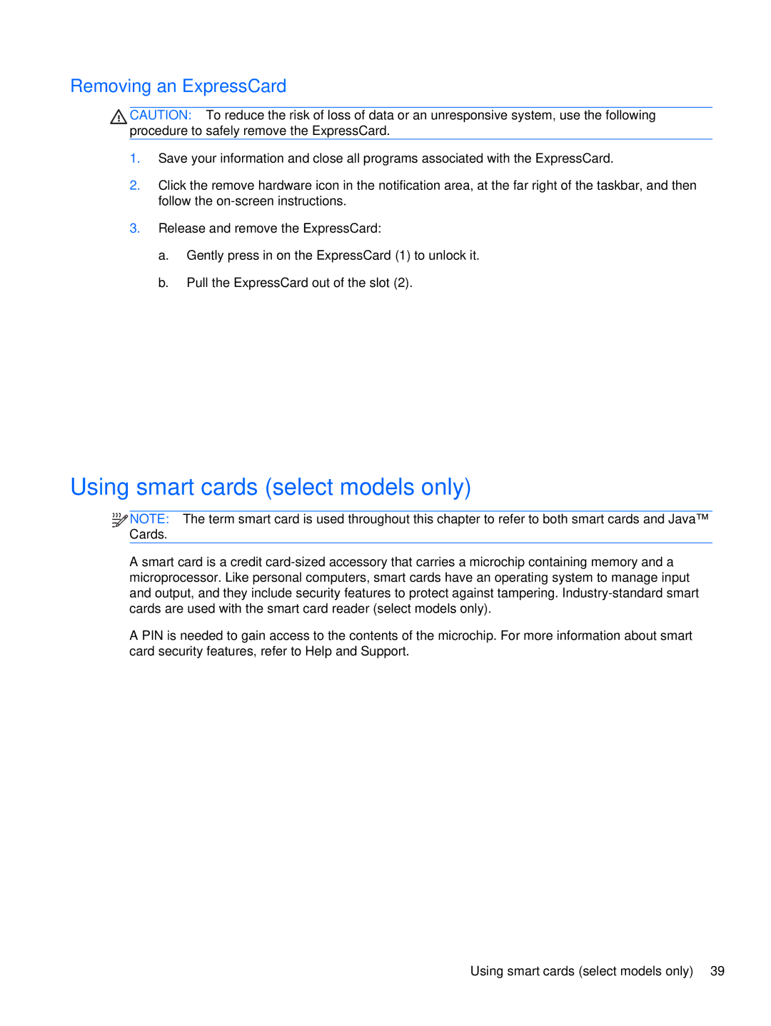 HP LQ174AW, WX557AV, LJ527UT, LQ164AW manual Using smart cards select models only, Removing an ExpressCard 