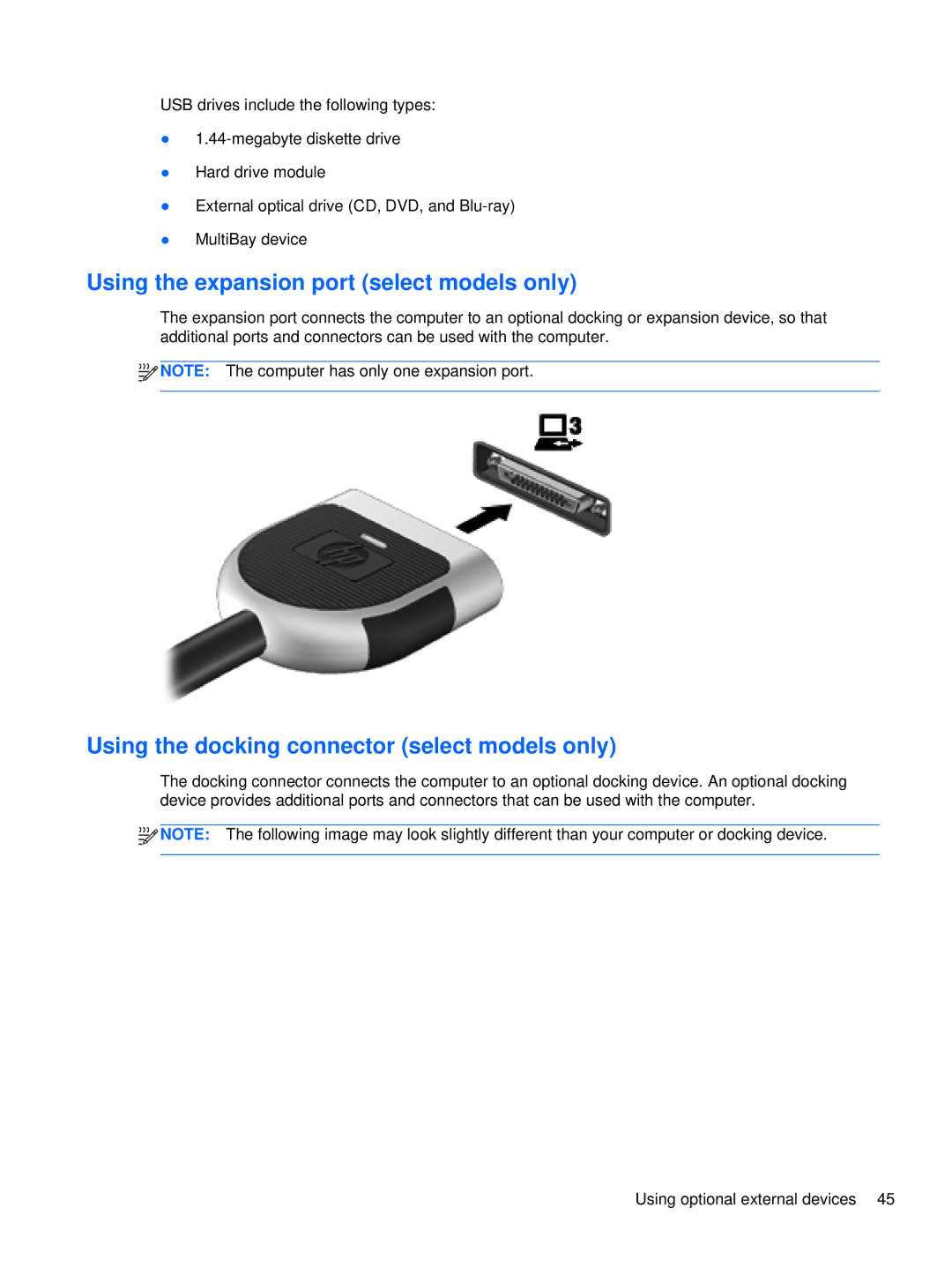 HP LQ164AW, WX557AV, LQ174AW Using the expansion port select models only, Using the docking connector select models only 