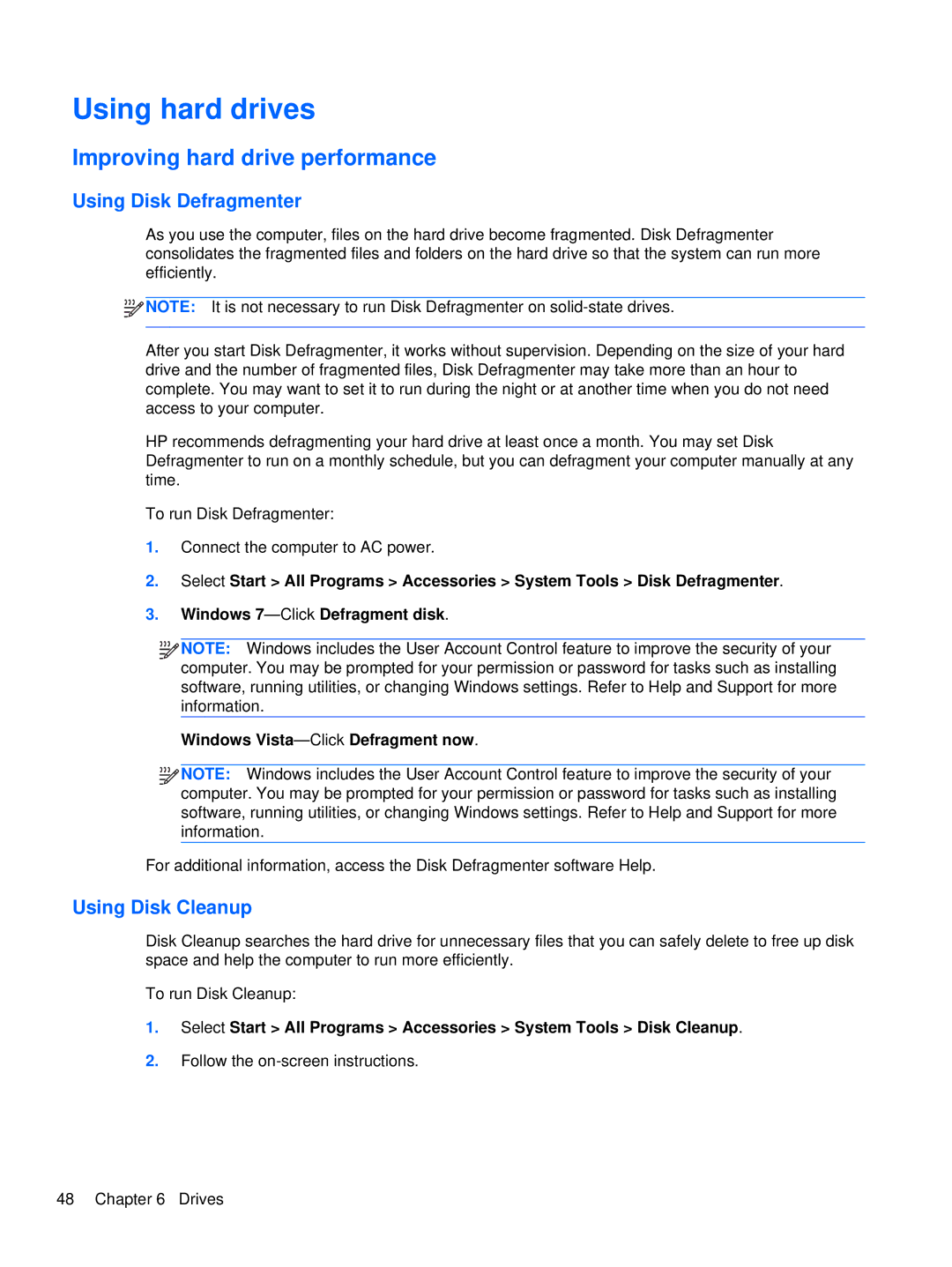 HP LJ527UT, WX557AV manual Using hard drives, Improving hard drive performance, Using Disk Defragmenter, Using Disk Cleanup 