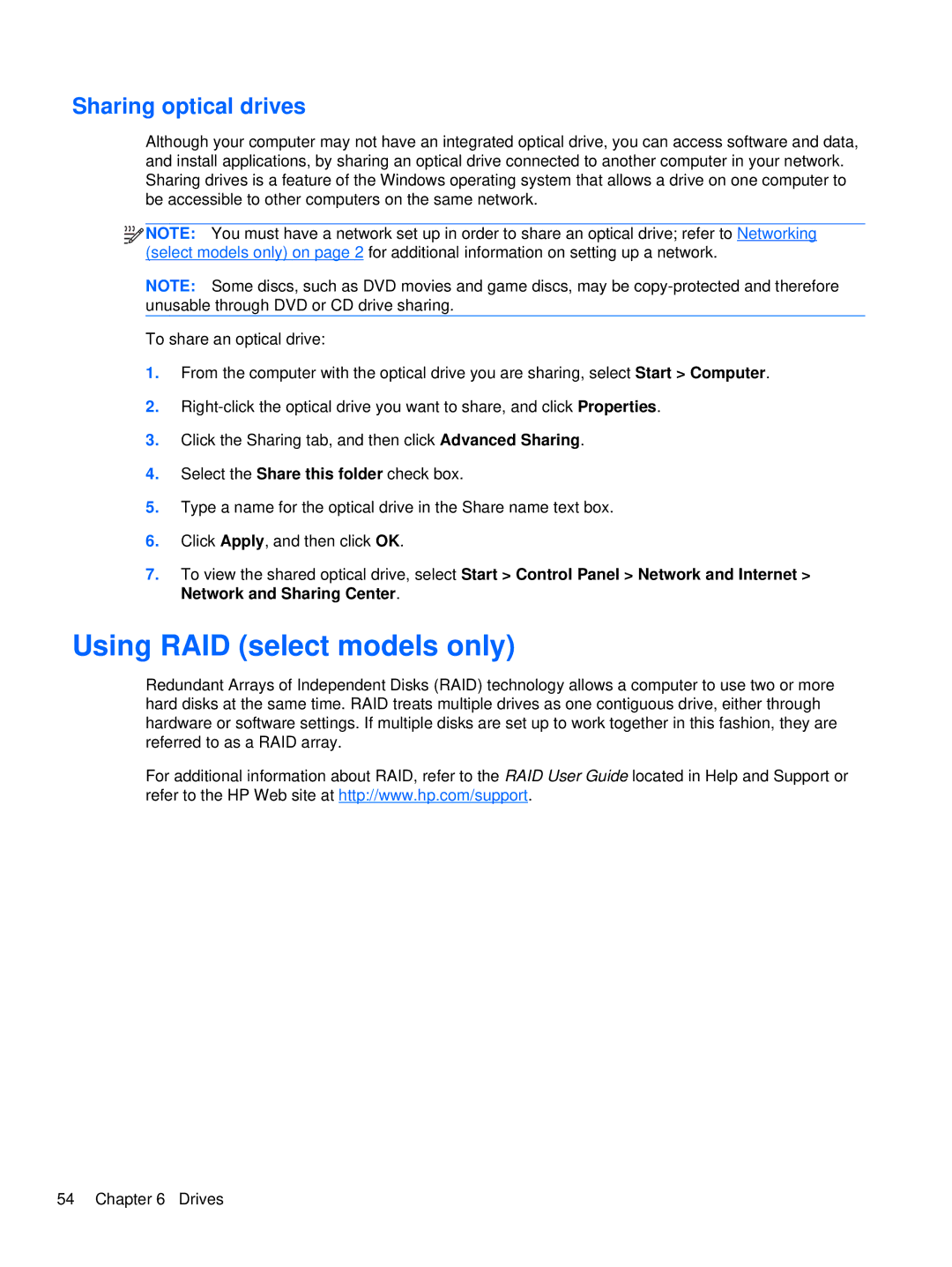 HP WX557AV, LQ174AW, LJ527UT, LQ164AW manual Using RAID select models only, Sharing optical drives 