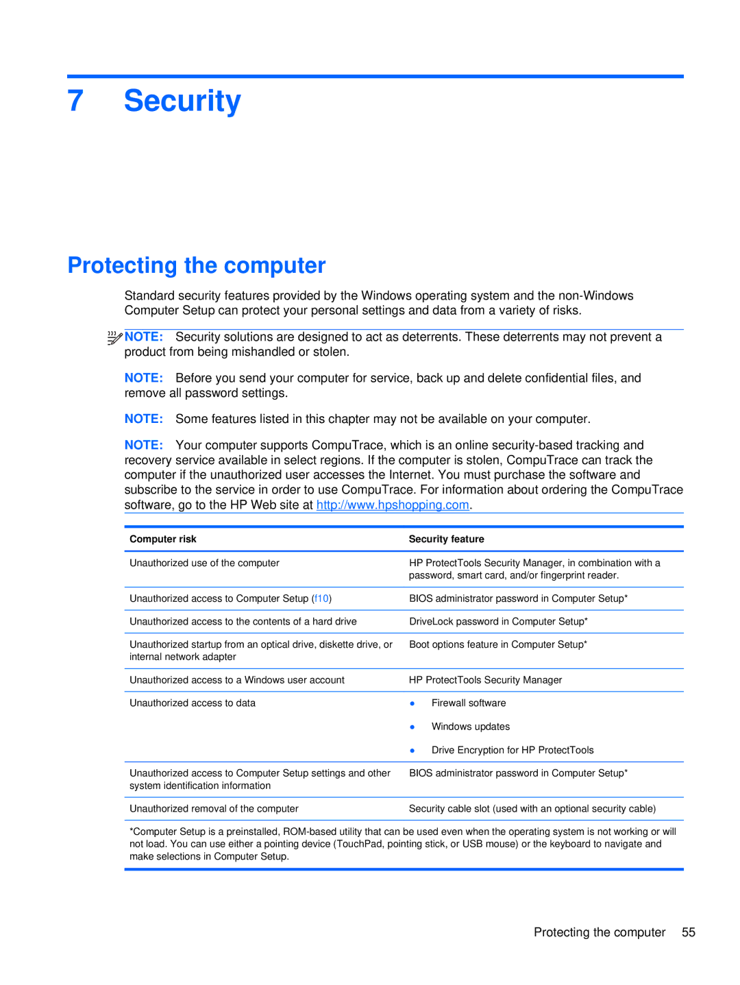 HP LQ174AW, WX557AV, LJ527UT, LQ164AW manual Security, Protecting the computer 