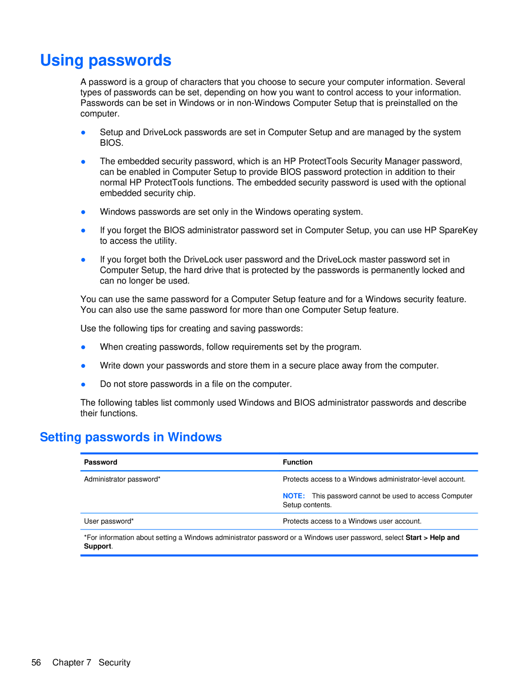 HP LJ527UT, WX557AV, LQ174AW, LQ164AW manual Using passwords, Setting passwords in Windows 