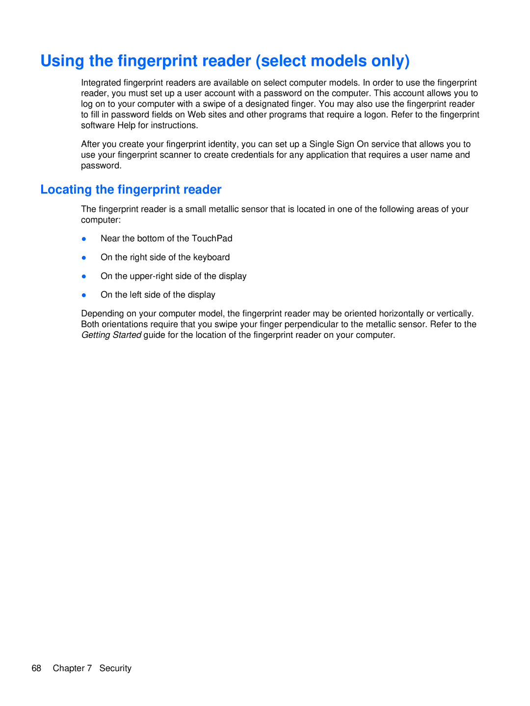 HP LJ527UT, WX557AV, LQ174AW, LQ164AW manual Using the fingerprint reader select models only, Locating the fingerprint reader 