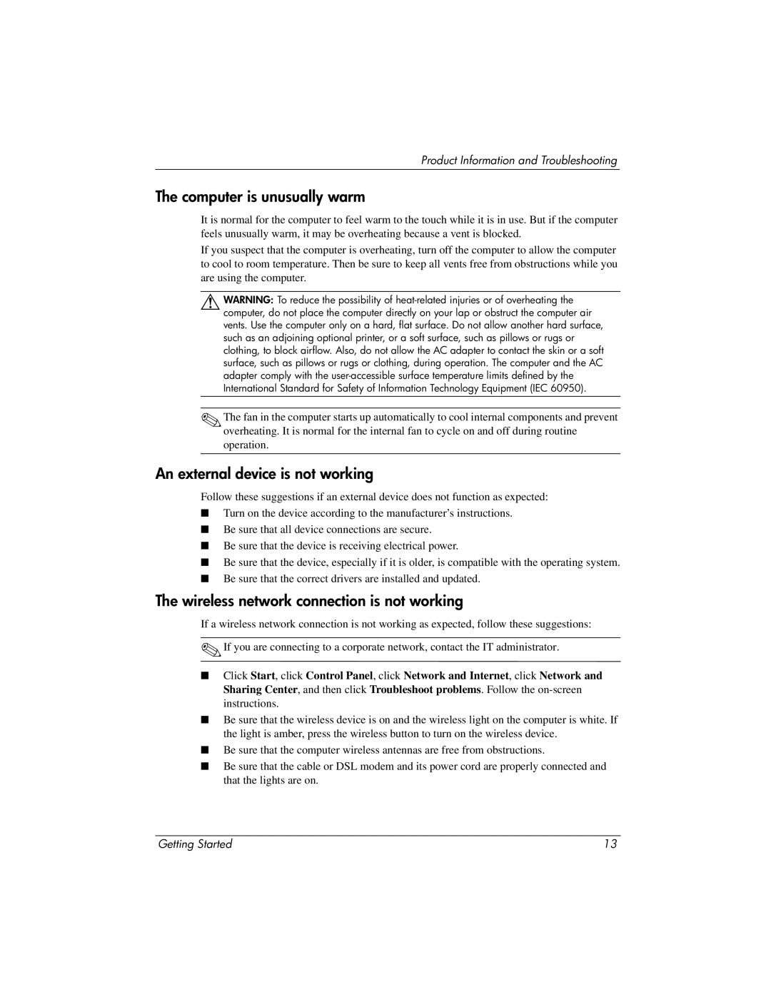 HP WZ223UT manual Computer is unusually warm, An external device is not working, Wireless network connection is not working 