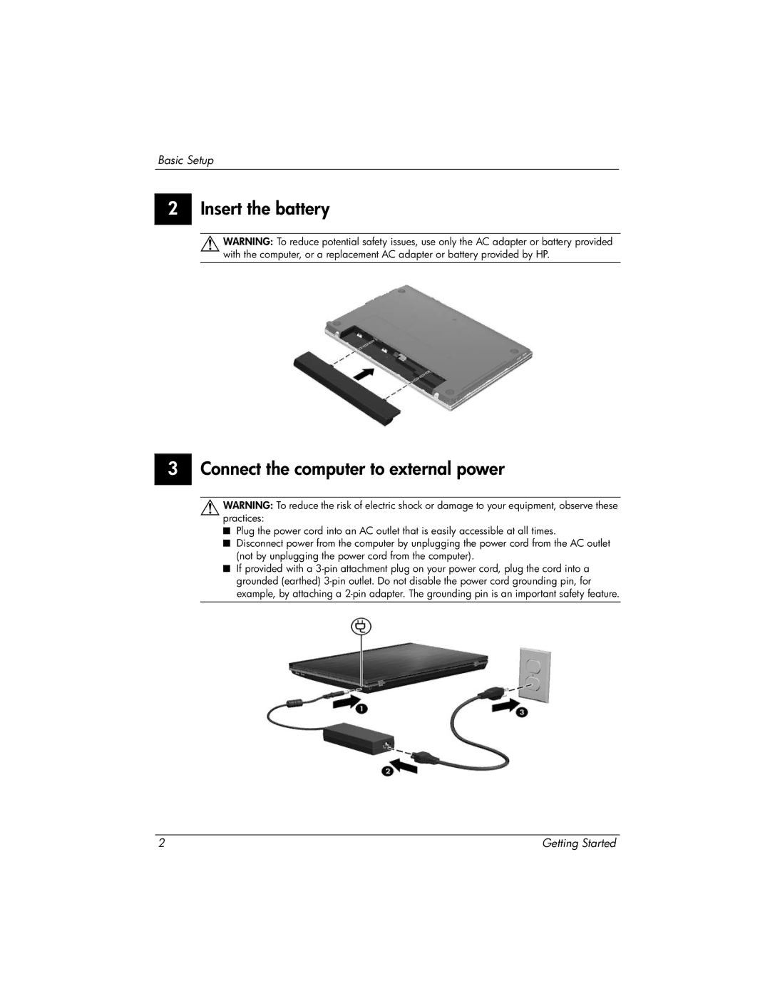 HP WZ223UT manual Insert the battery Connect the computer to external power 