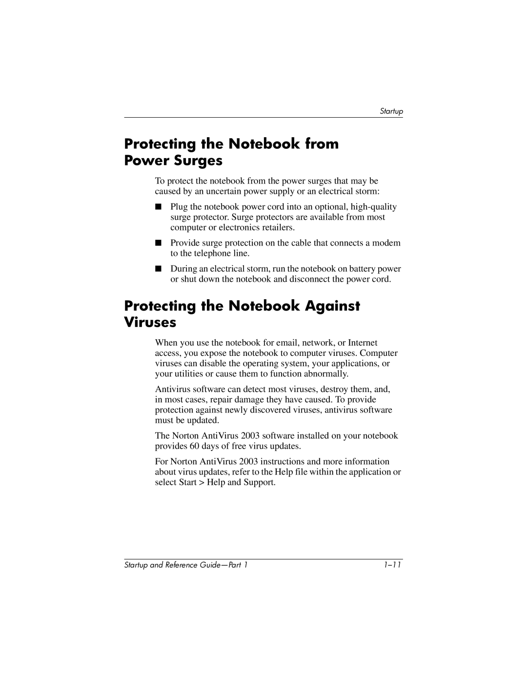 HP X1000 (DS829AV) manual Protecting the Notebook from Power Surges, Protecting the Notebook Against Viruses 