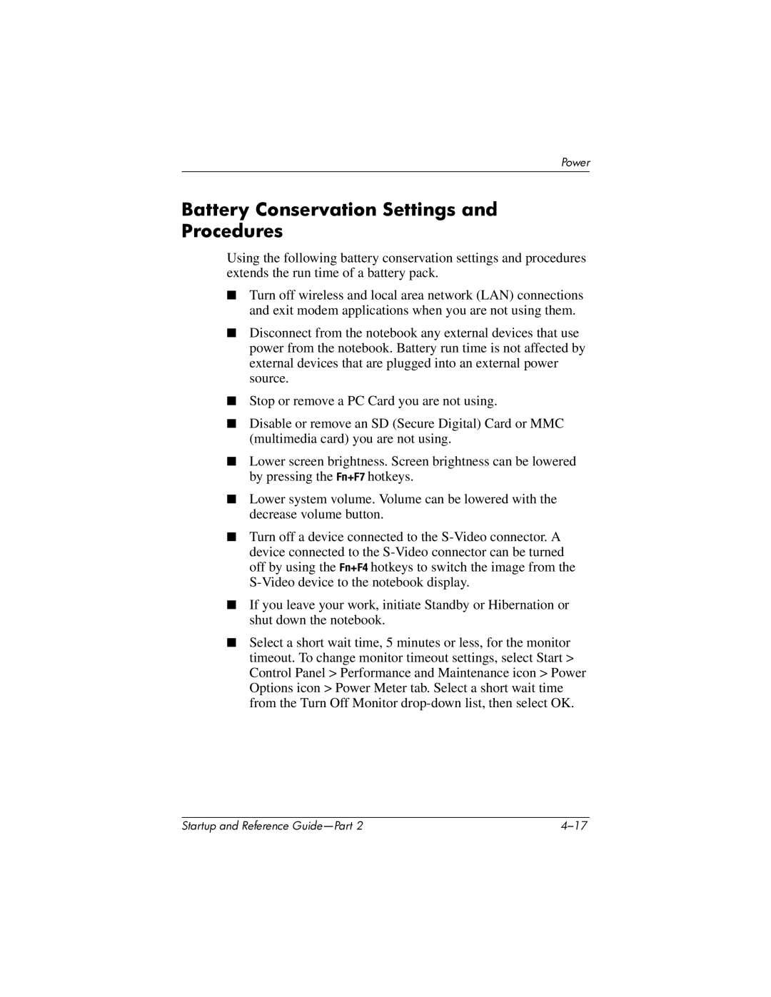 HP X1000 (DS829AV) manual Battery Conservation Settings and Procedures 