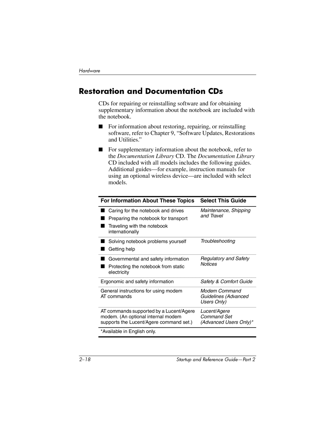 HP X1035AP, X1020US, X1027AP manual Restoration and Documentation CDs, For Information About These Topics Select This Guide 