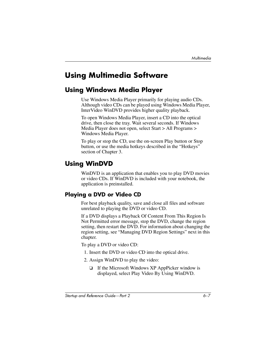 HP X1020US, X1027AP, X1021AP Using Multimedia Software, Using Windows Media Player, Using WinDVD, Playing a DVD or Video CD 