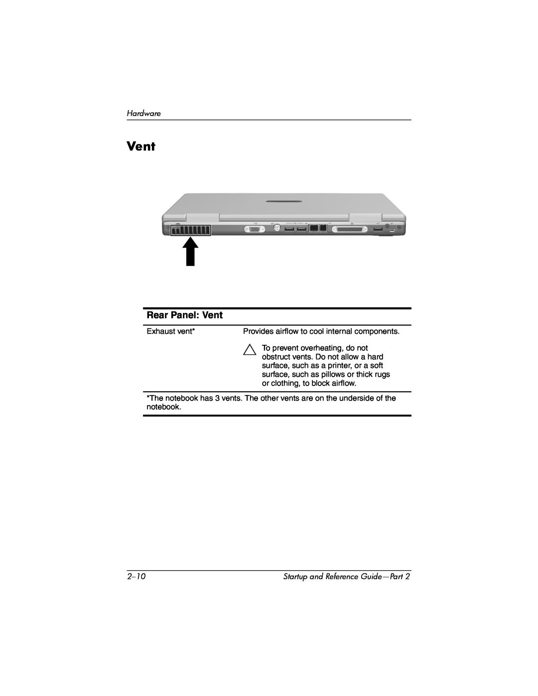 HP X1042AP, X1020US Rear Panel Vent, Provides airflow to cool internal components, Startup and Reference Guide-Part 