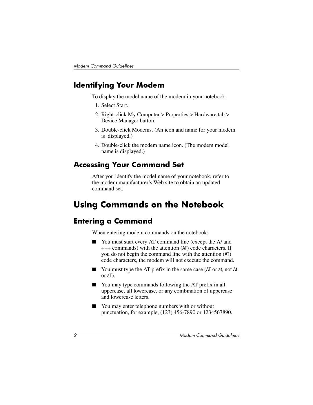 HP X1020EA, X1020US Using Commands on the Notebook, Identifying Your Modem, Accessing Your Command Set, Entering a Command 