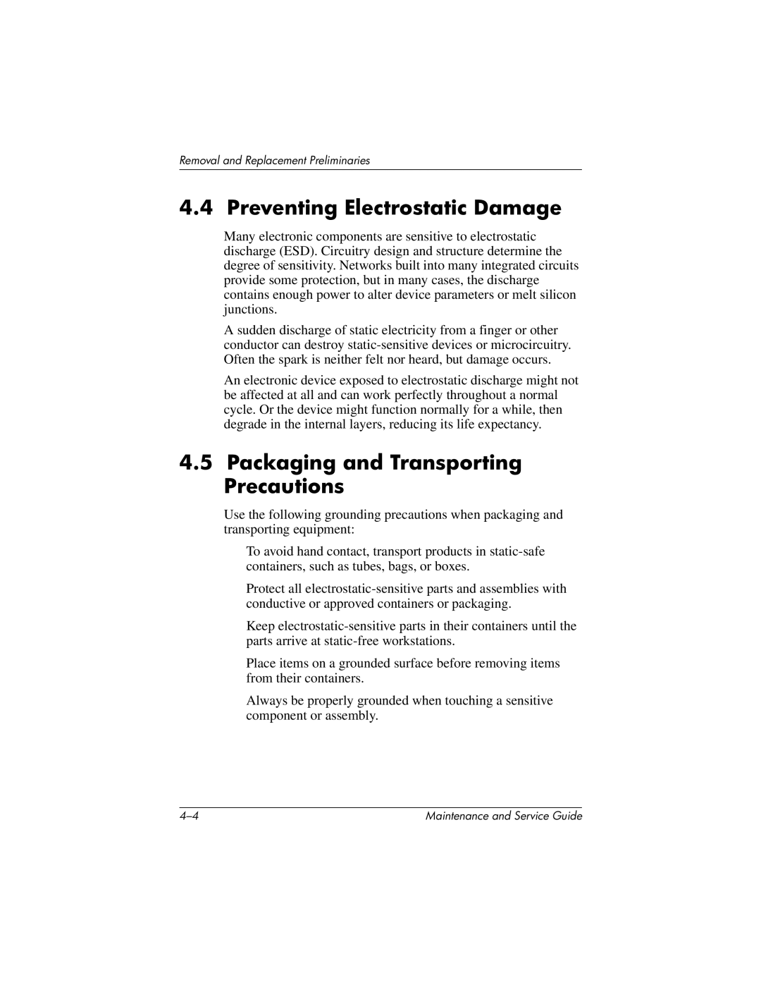 HP X1090AP, X1027AP, X1026AP, X1023AP, X1020EA manual Preventing Electrostatic Damage, Packaging and Transporting Precautions 