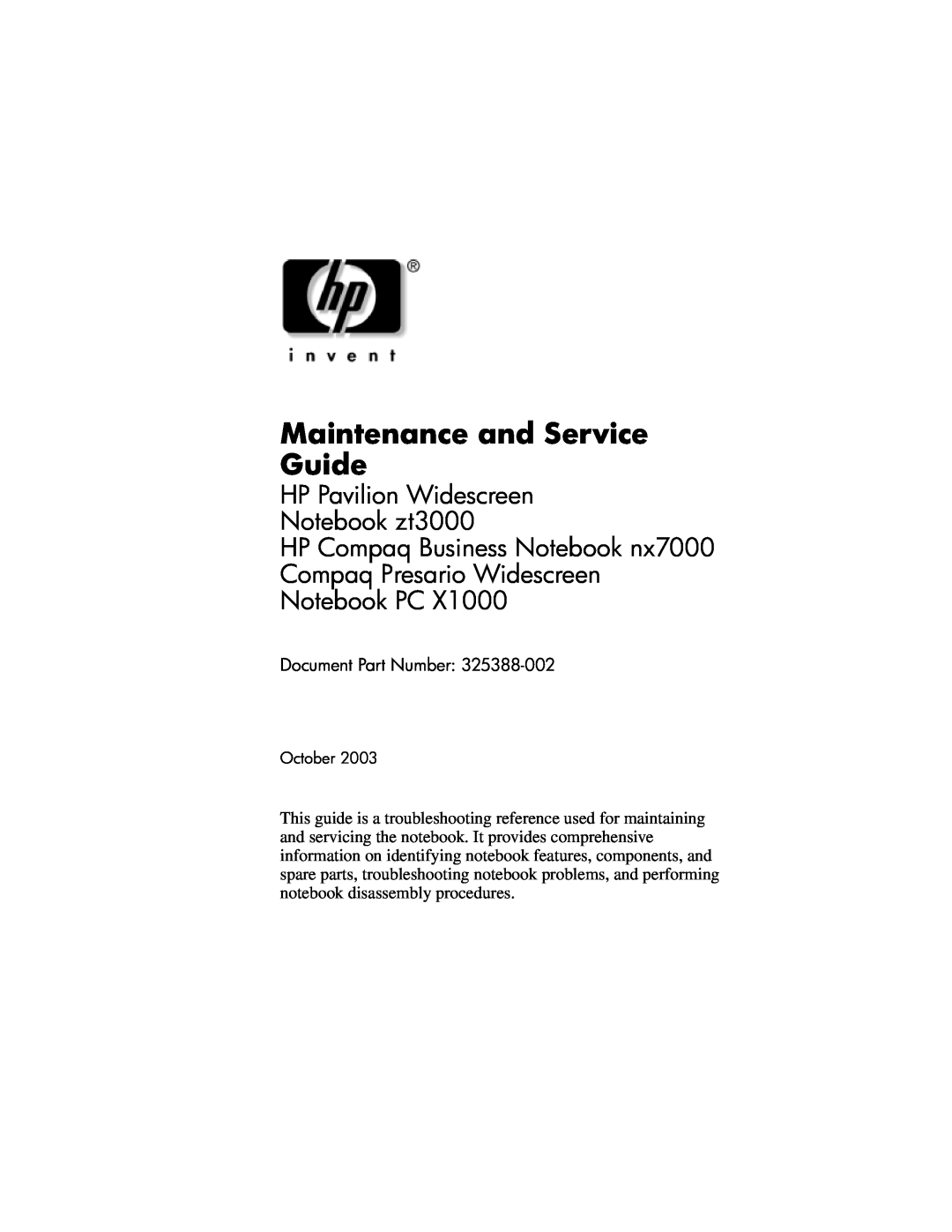 HP X1026AP, X1027AP, X1023AP manual Maintenance and Service Guide, HP Pavilion Widescreen Notebook zt3000, Notebook PC 