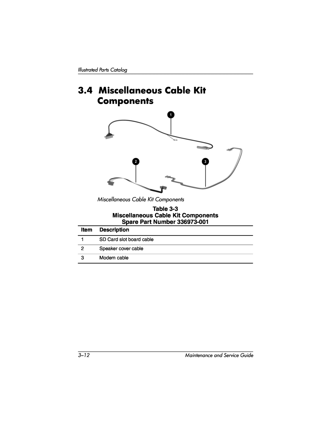 HP X1096AP, X1027AP, X1026AP, X1023AP Miscellaneous Cable Kit Components, Item Description, Illustrated Parts Catalog, 3-12 