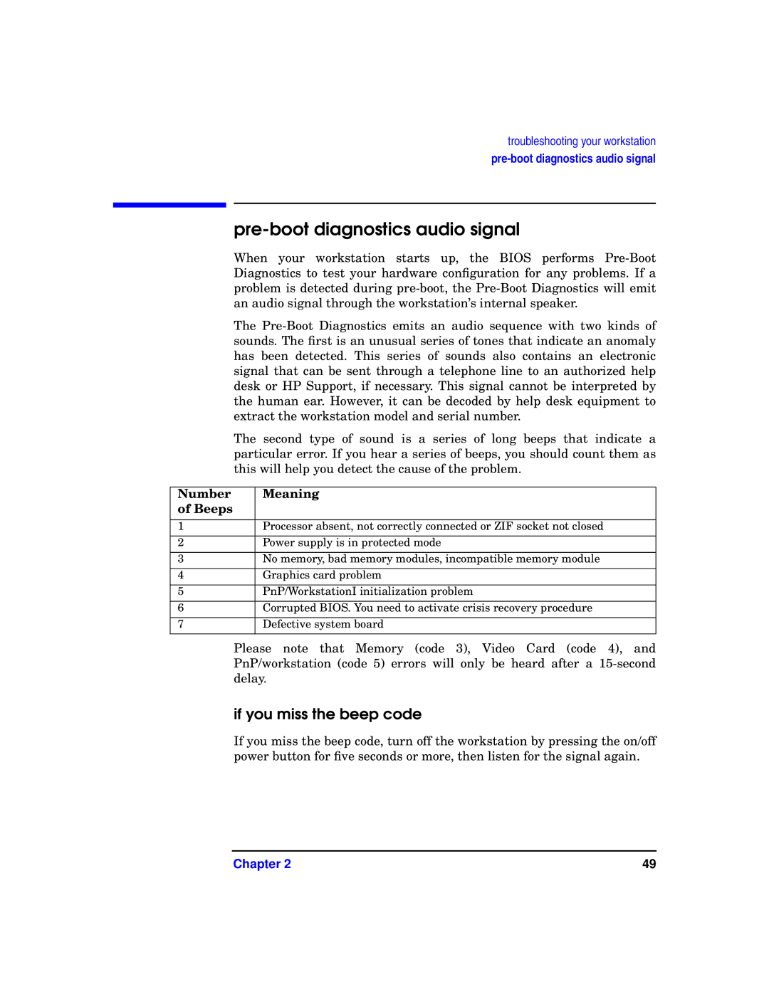 HP X1100 manual Pre-boot diagnostics audio signal, If you miss the beep code, Number Meaning Beeps 