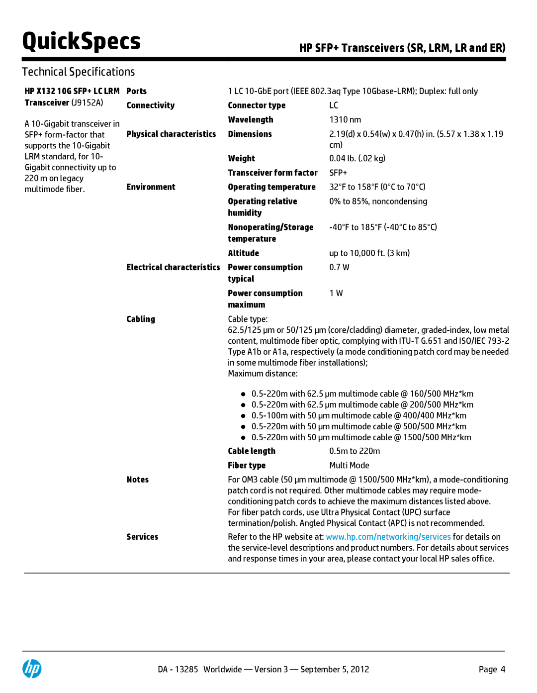HP X140 JG325A manual HP X132 10G SFP+ LC LRM Ports, Transceiver J9152A Connectivity Connector type, 5m to 220m 