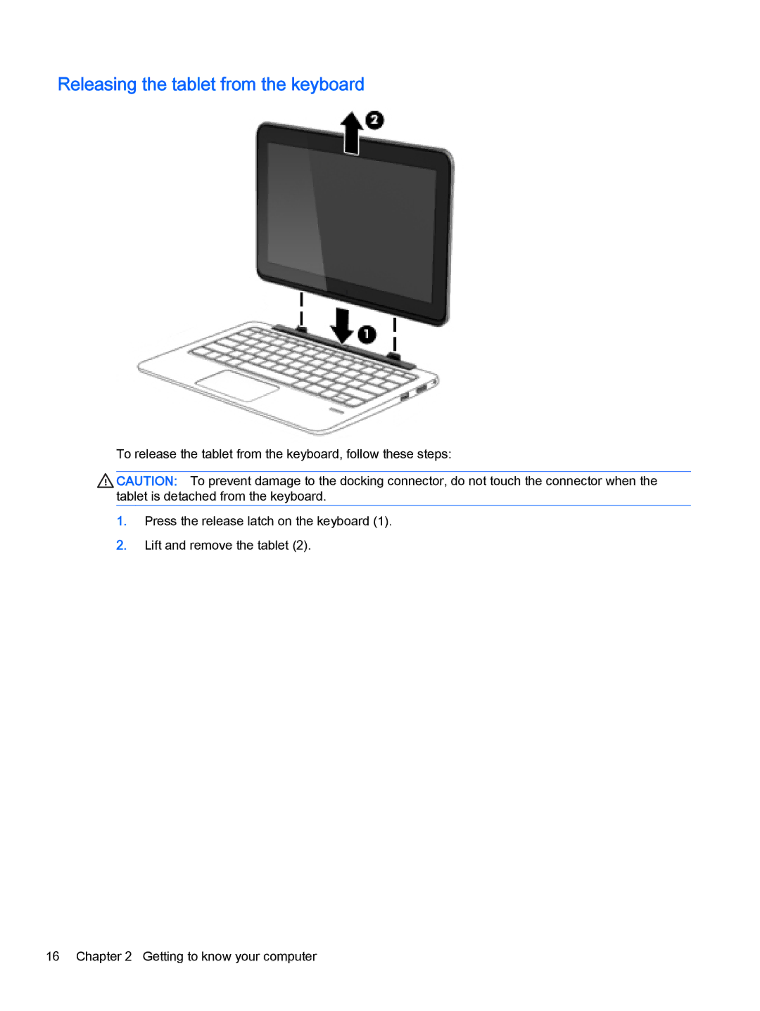 HP x2 1011 G1 (Windows 8.1) manual Releasing the tablet from the keyboard 