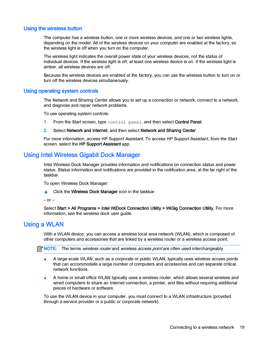 HP x2 1011 G1 (Windows 8.1) manual Using Intel Wireless Gigabit Dock Manager, Using a Wlan, Using the wireless button 