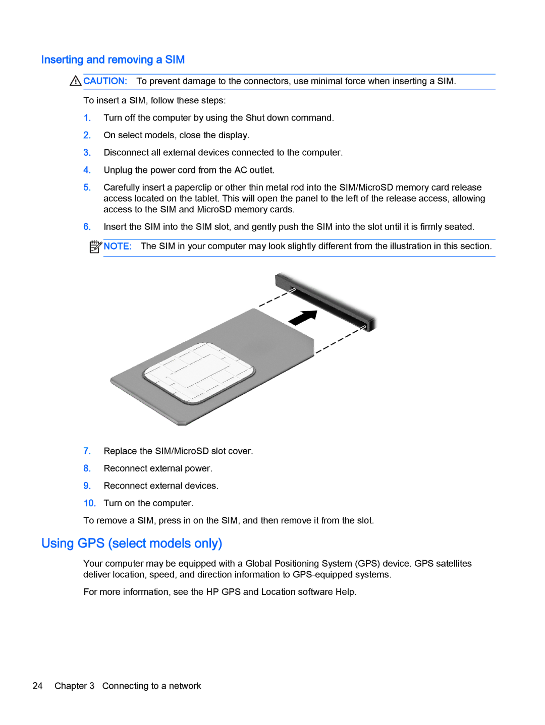 HP x2 1011 G1 (Windows 8.1) manual Using GPS select models only, Inserting and removing a SIM 