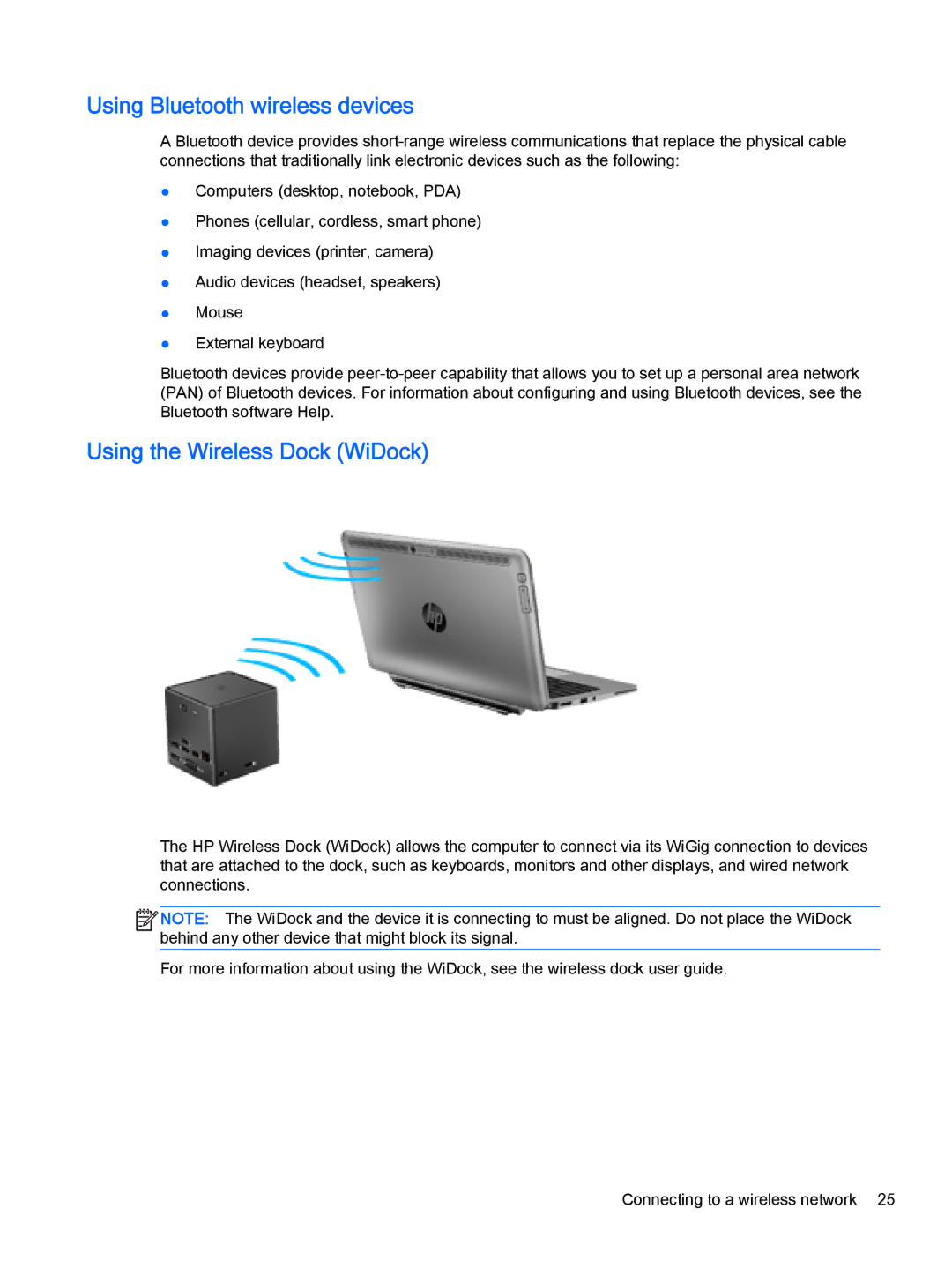 HP x2 1011 G1 (Windows 8.1) manual Using Bluetooth wireless devices, Using the Wireless Dock WiDock 