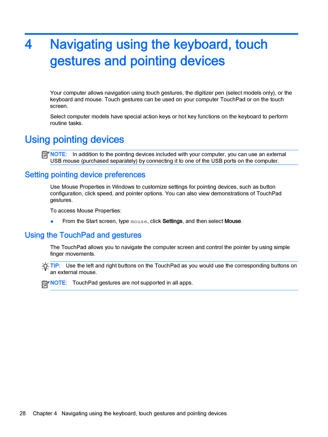 HP x2 1011 G1 (Windows 8.1) Using pointing devices, Setting pointing device preferences, Using the TouchPad and gestures 