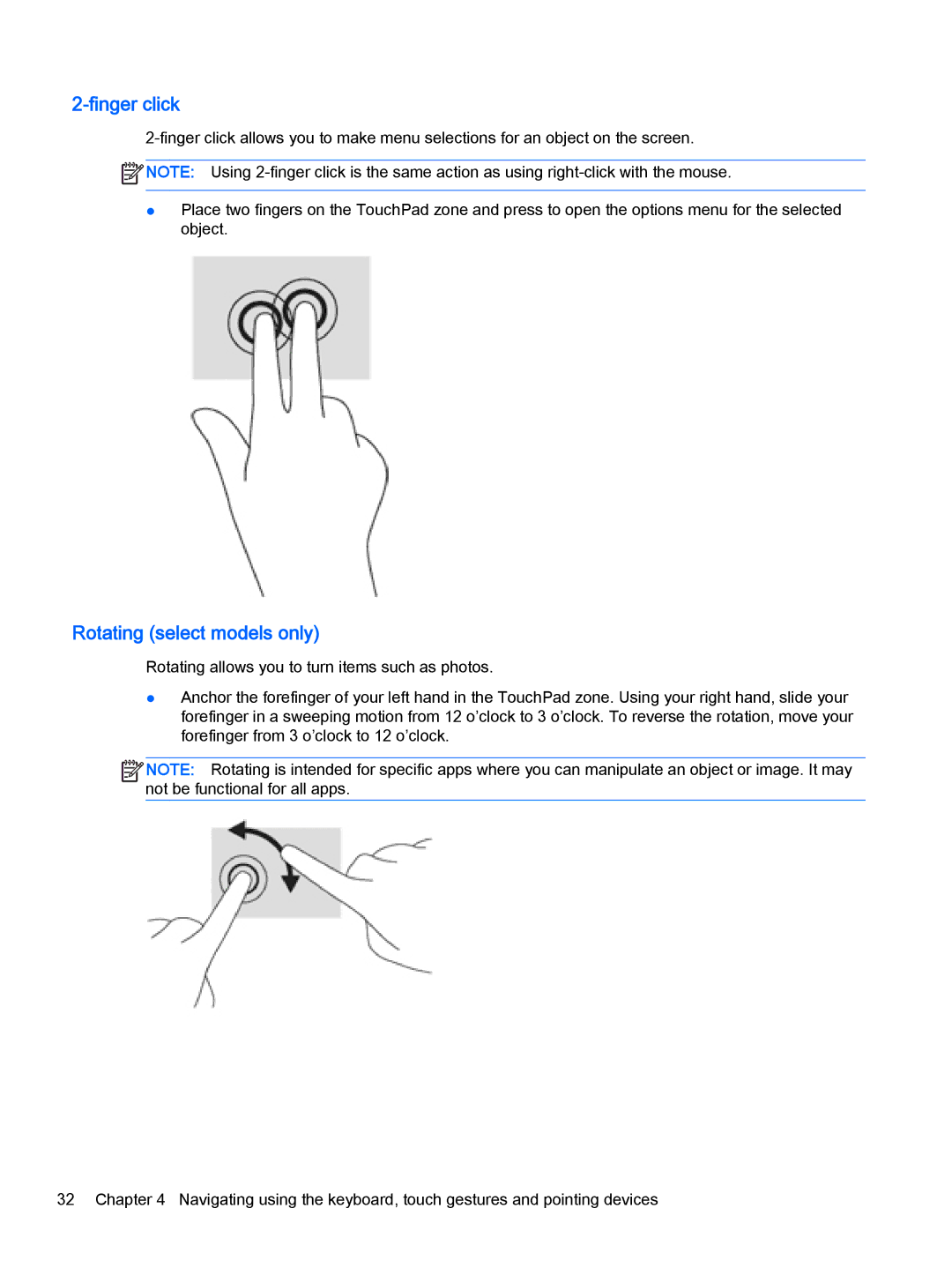 HP x2 1011 G1 (Windows 8.1) manual Finger click, Rotating select models only 