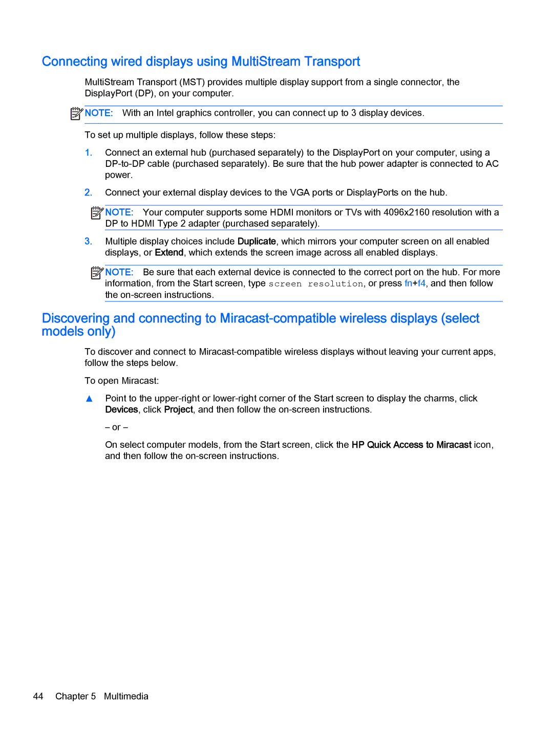 HP x2 1011 G1 (Windows 8.1) manual Connecting wired displays using MultiStream Transport 