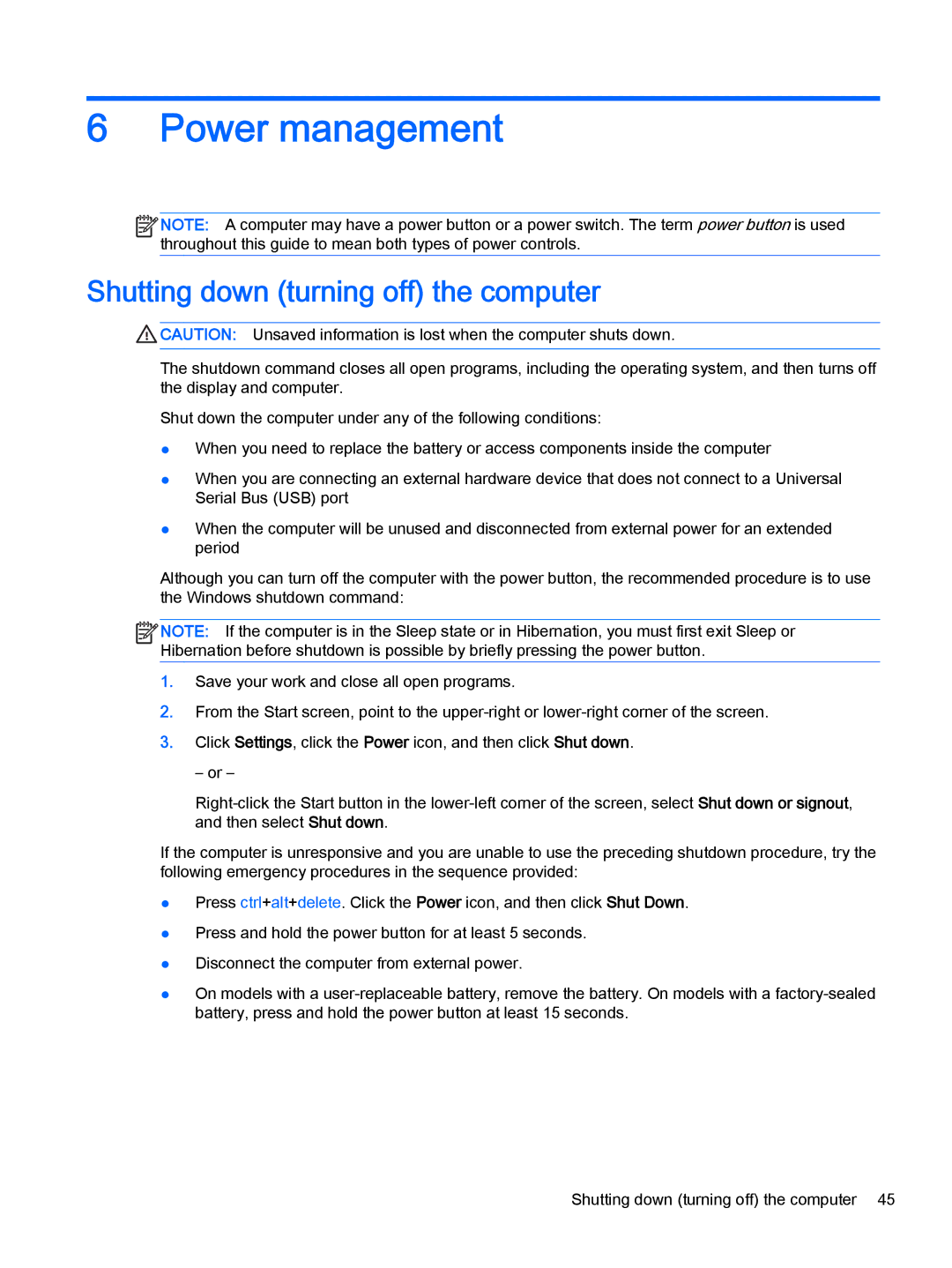 HP x2 1011 G1 (Windows 8.1) manual Power management, Shutting down turning off the computer 