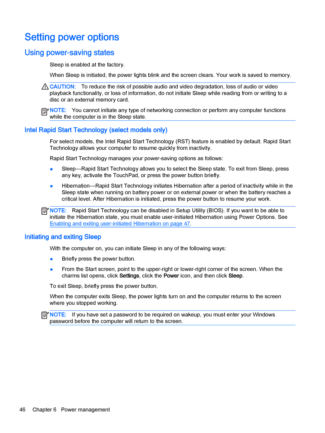 HP x2 1011 G1 (Windows 8.1) manual Setting power options, Using power-saving states, Initiating and exiting Sleep 