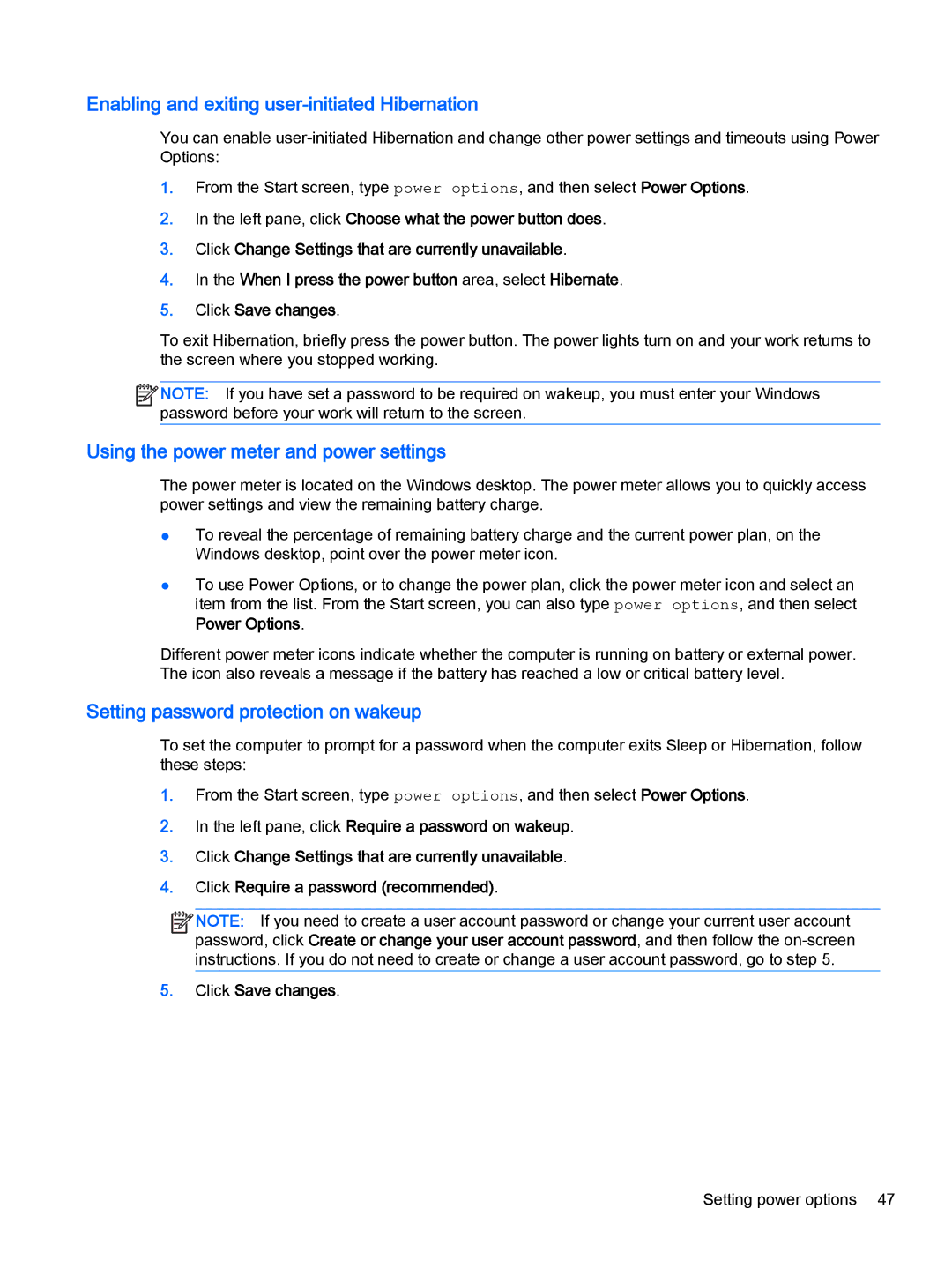 HP x2 1011 G1 (Windows 8.1) Enabling and exiting user-initiated Hibernation, Using the power meter and power settings 