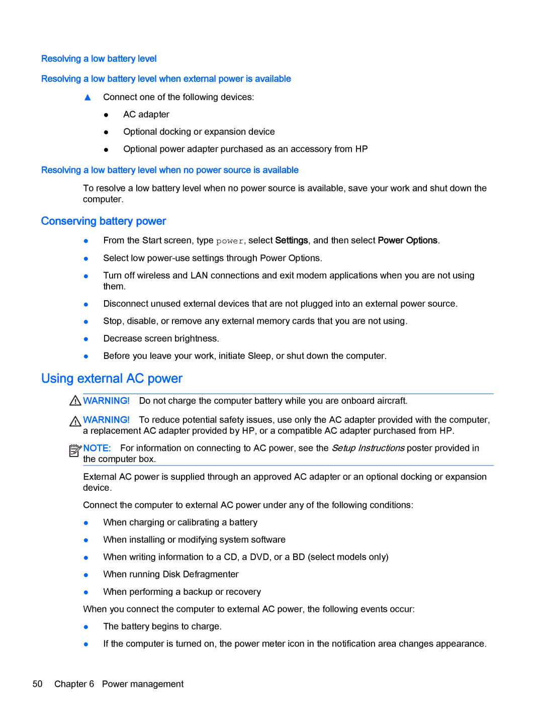 HP x2 1011 G1 (Windows 8.1) manual Using external AC power, Conserving battery power 