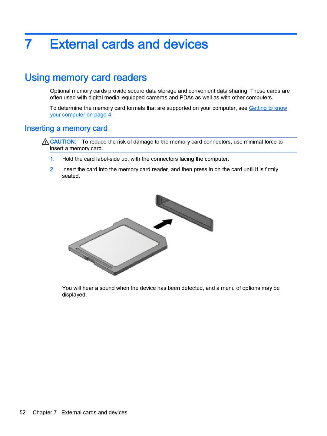 HP x2 1011 G1 (Windows 8.1) manual External cards and devices, Using memory card readers, Inserting a memory card 