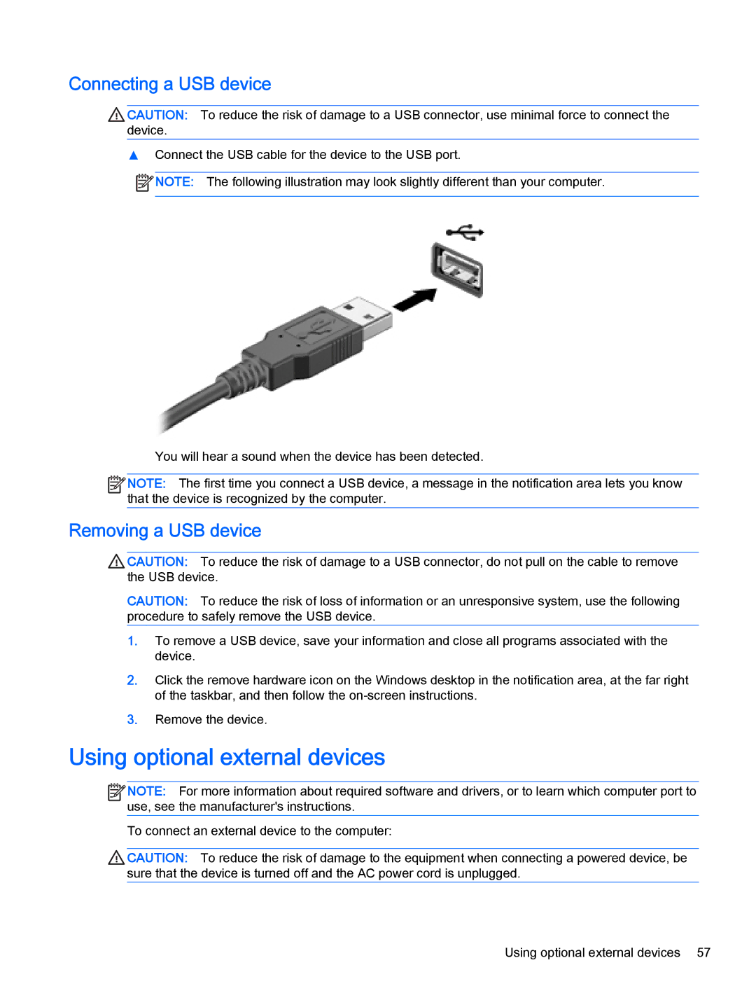 HP x2 1011 G1 (Windows 8.1) manual Using optional external devices, Connecting a USB device, Removing a USB device 